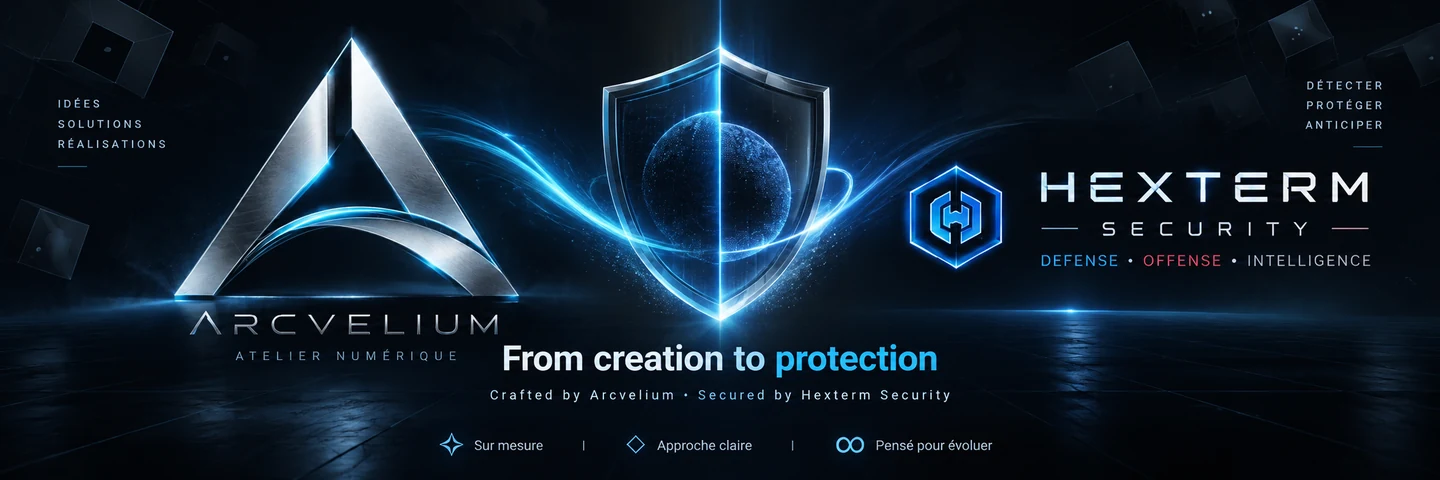 Illustration Arcvelium et Hexterm Security reliés par un bouclier bleu : de la création à la protection.